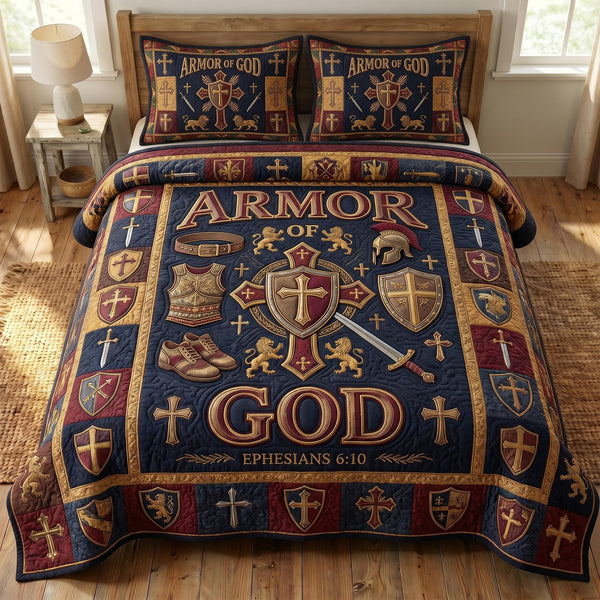 Armor Of God quilted 3-piece bedding set on a made bed in a softly lit bedroom