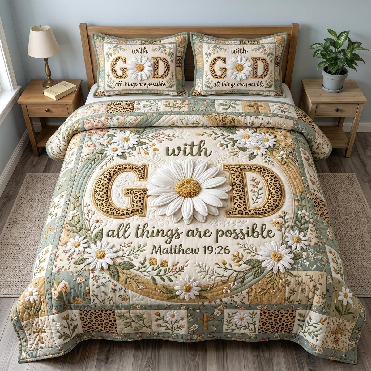 Floral Bible 3-Piece Quilted Bedding Set - Design 79 — quilt and two matching pillow shams