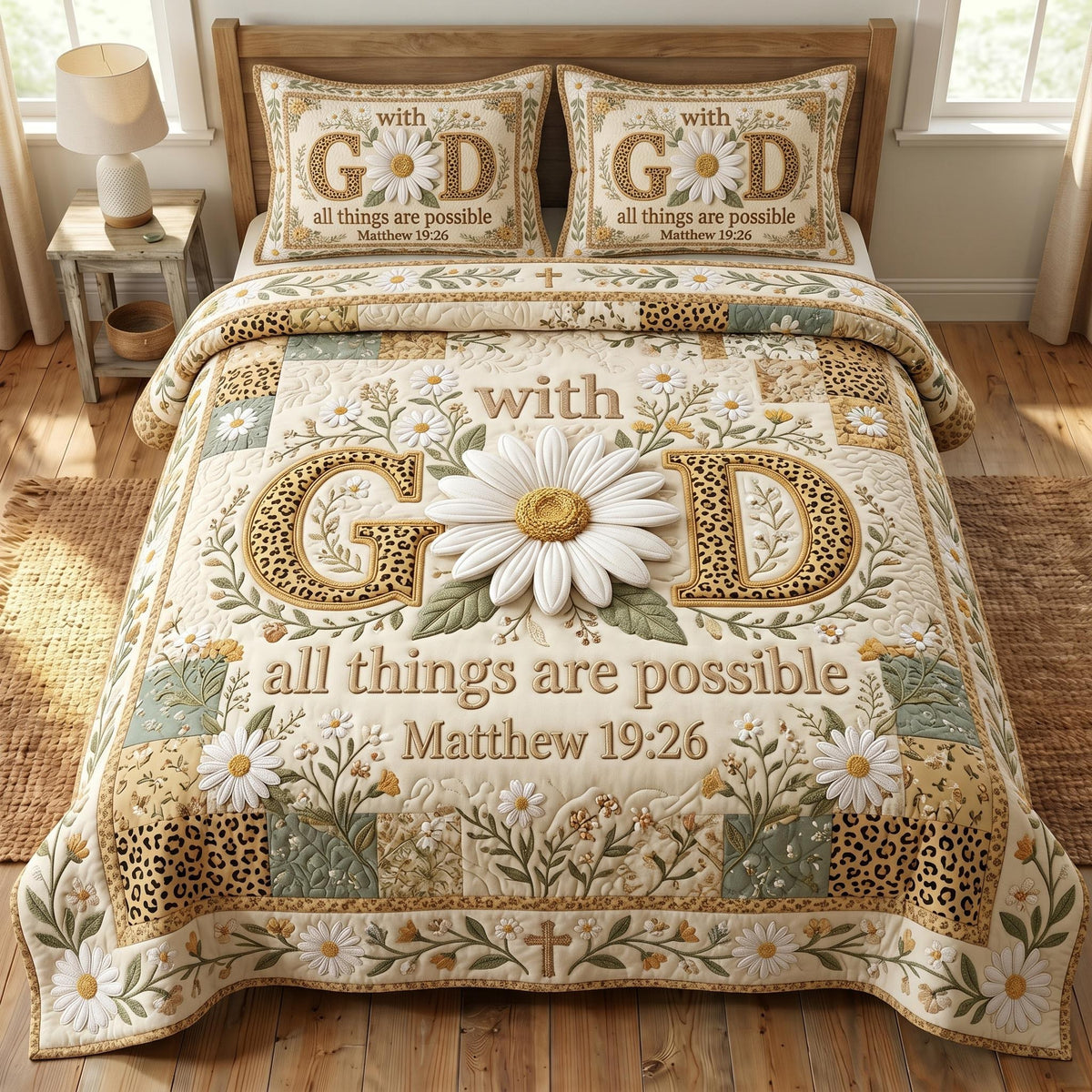 Floral Bible 3-Piece Quilted Bedding Set - Design 80 — quilt and two matching pillow shams