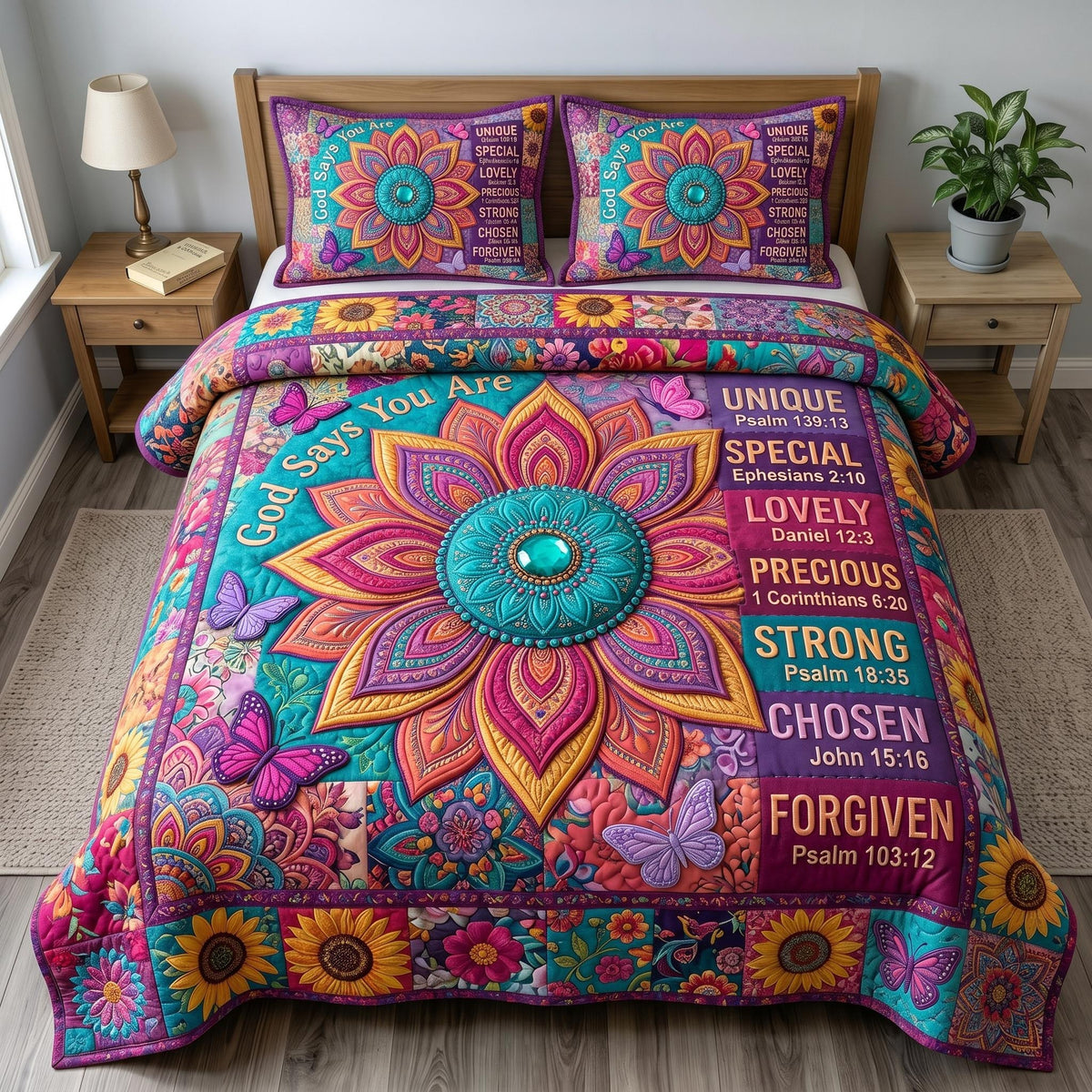 Floral Bible 3-Piece Quilted Bedding Set - Design 85 — quilt and two matching pillow shams