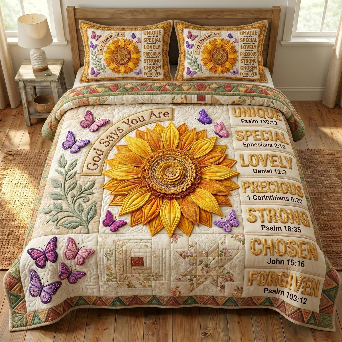 Floral Bible 3-Piece Quilted Bedding Set - Design 89 — quilt and two matching pillow shams