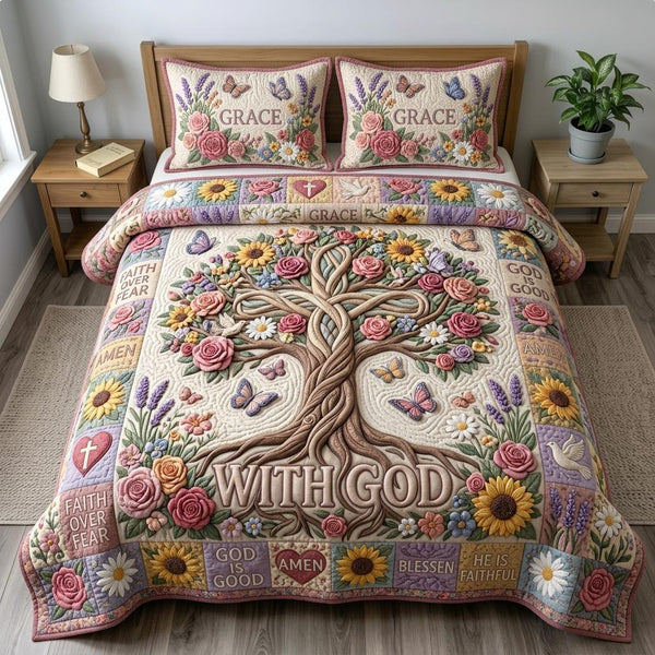 Floral Bible 3-Piece Quilted Bedding Set - Design 90 — quilt and two matching pillow shams