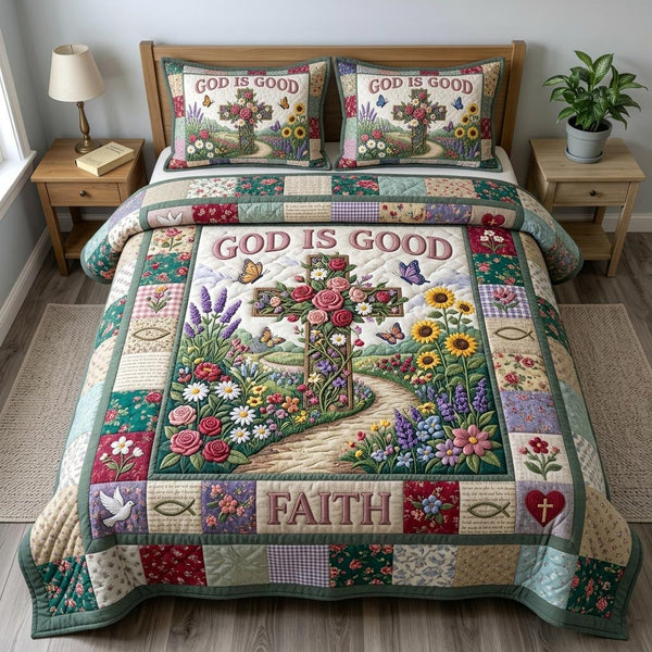 Floral Bible 3-Piece Quilted Bedding Set - Design 91 — quilt and two matching pillow shams