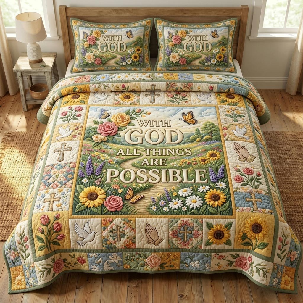 Floral Bible 3-Piece Quilted Bedding Set - Design 92 — quilt and two matching pillow shams