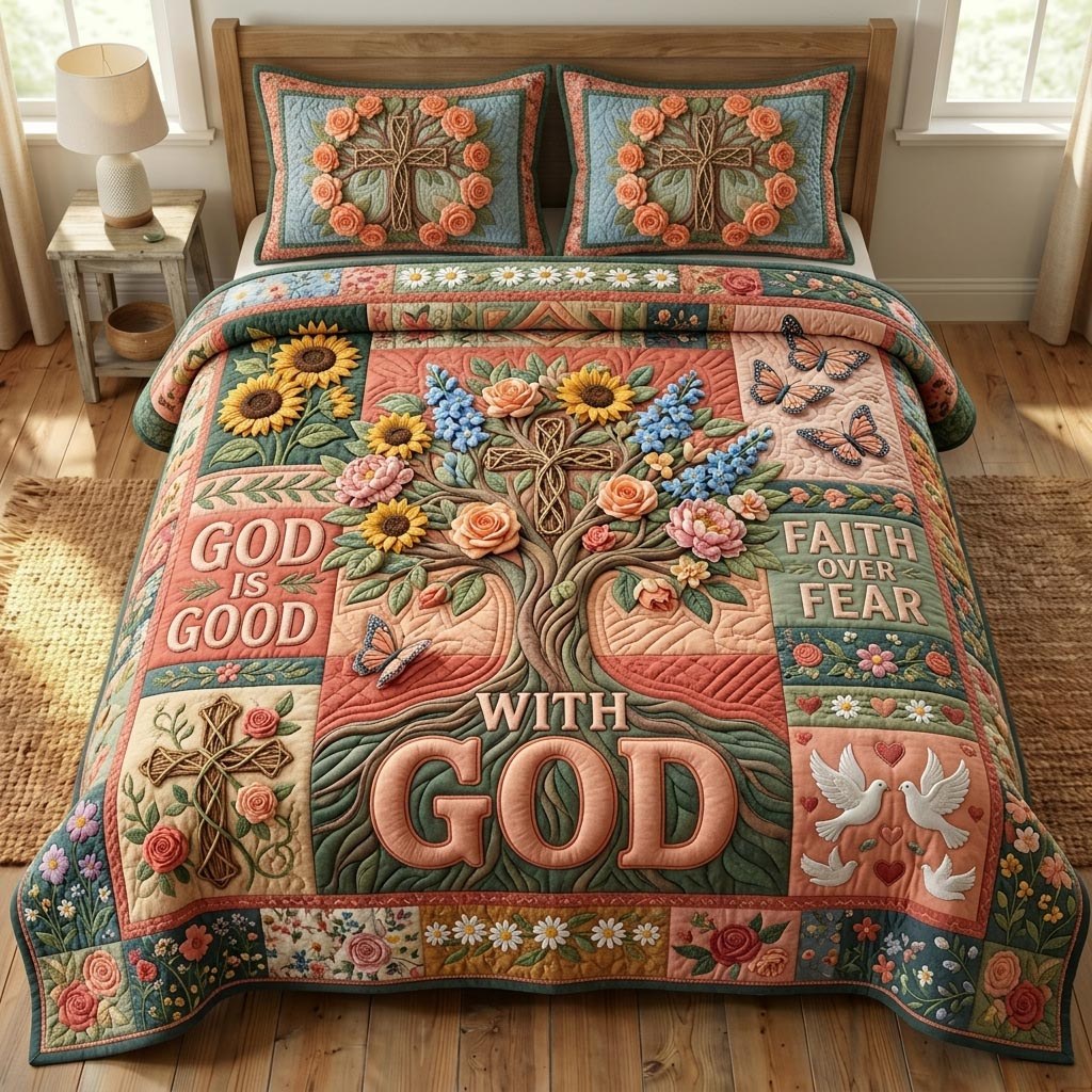 Floral Bible 3-Piece Quilted Bedding Set - Design 93 — quilt and two matching pillow shams