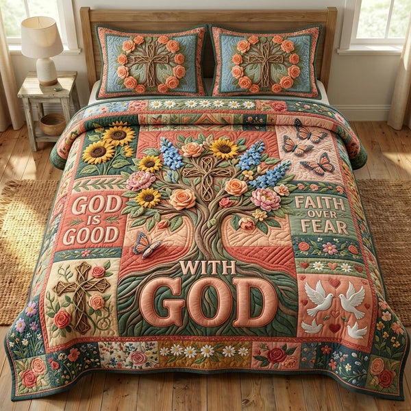 Floral Bible 3-Piece Quilted Bedding Set - Design 93 — quilt and two matching pillow shams