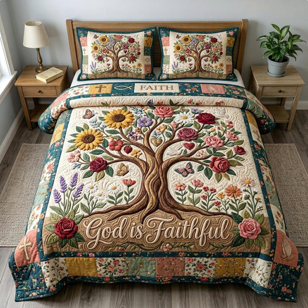 Floral Bible 3-Piece Quilted Bedding Set - Design 94 — quilt and two matching pillow shams