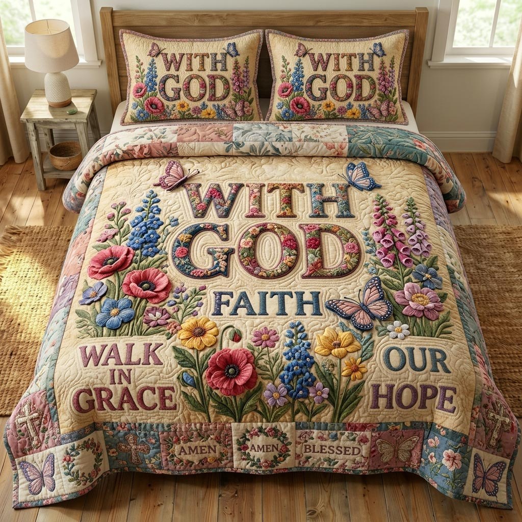 Floral Bible 3-Piece Quilted Bedding Set - Design 95 — quilt and two matching pillow shams