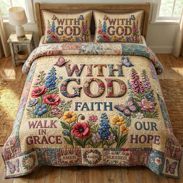 Floral Bible 3-Piece Quilted Bedding Set - Design 95 — quilt and two matching pillow shams