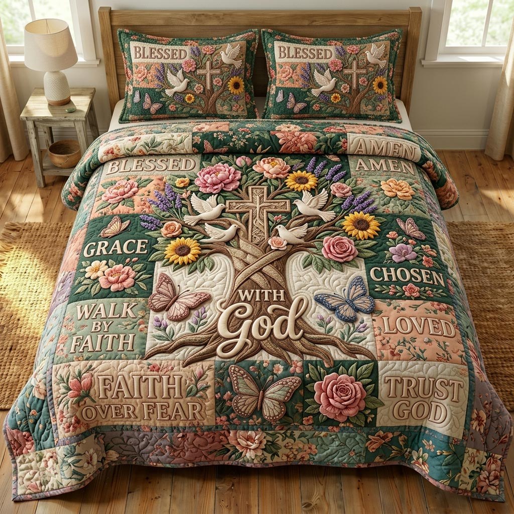 Floral Bible 3-Piece Quilted Bedding Set - Design 96 — quilt and two matching pillow shams