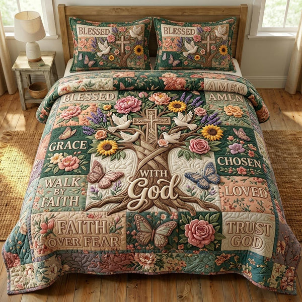 Floral Bible 3-Piece Quilted Bedding Set - Design 96 — quilt and two matching pillow shams
