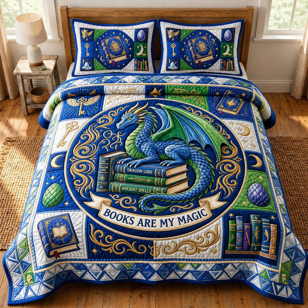 Bookworm Dragon quilted 3-piece bedding set on a made bed with two matching pillow shams