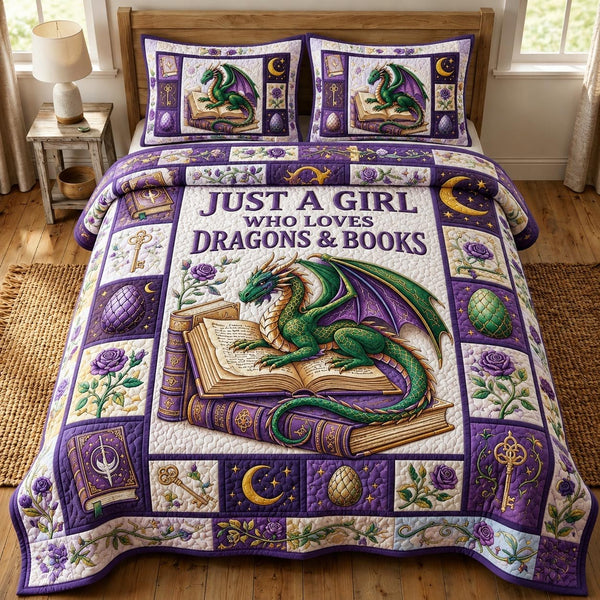 Bookworm Dragon 3-Piece Quilted Bedding Set - Design 3 — quilt and two matching pillow shams
