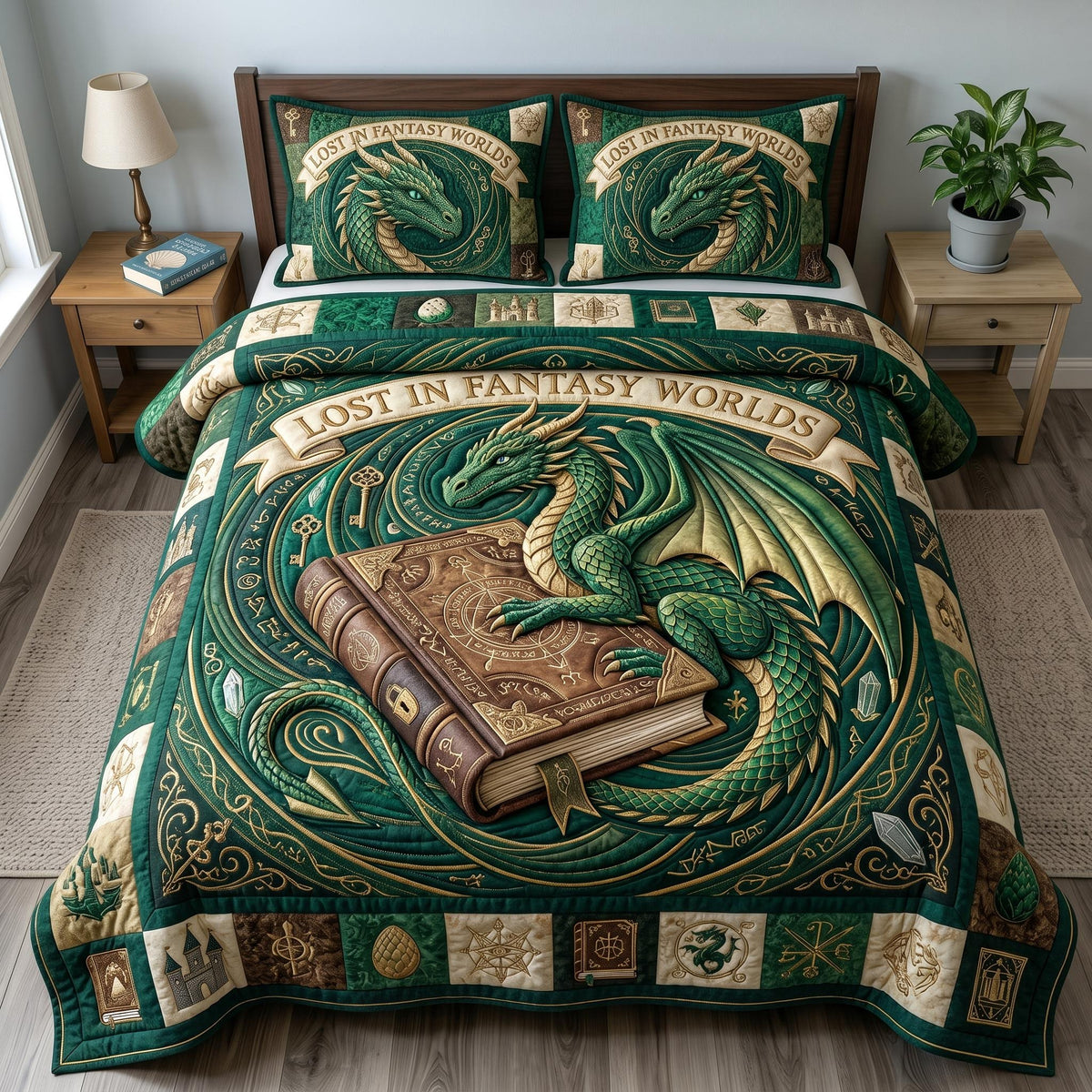 Bookworm Dragon 3-Piece Quilted Bedding Set - Design 4 — quilt and two matching pillow shams