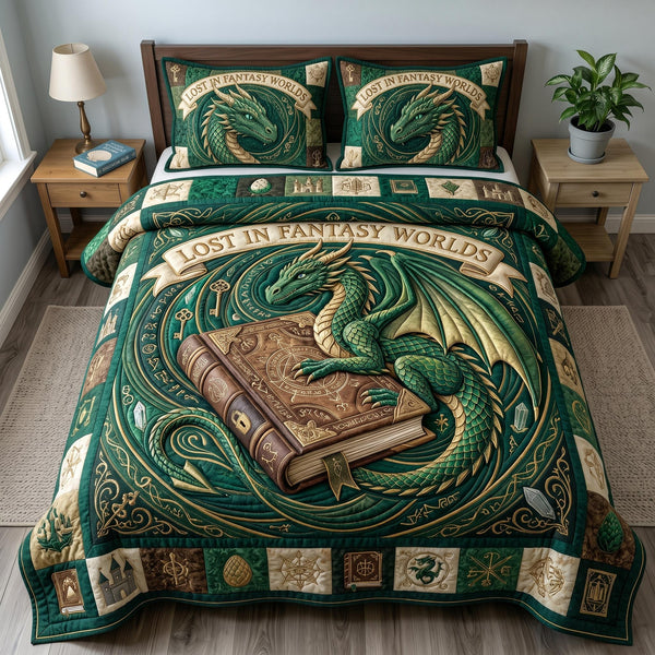 Bookworm Dragon quilted 3-piece bedding set on a made bed with two matching pillow shams