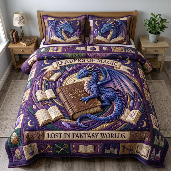 Bookworm Dragon quilted 3-piece bedding set on a made bed with two matching pillow shams