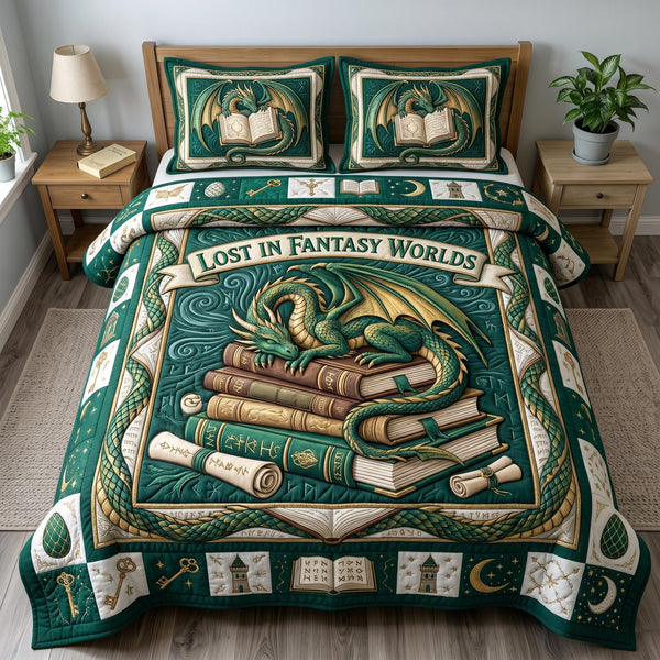 Bookworm Dragon quilted 3-piece bedding set on a made bed with two matching pillow shams
