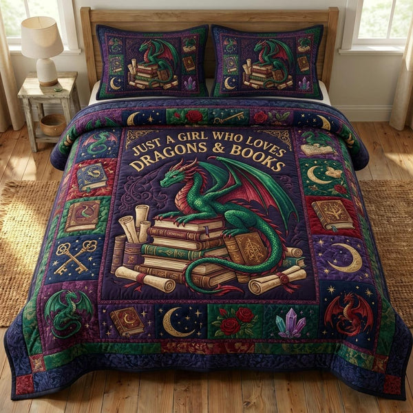Bookworm Dragon quilted 3-piece bedding set on a made bed with two matching pillow shams