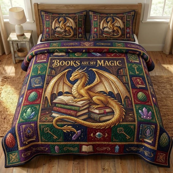 Bookworm Dragon quilted 3-piece bedding set on a made bed with two matching pillow shams