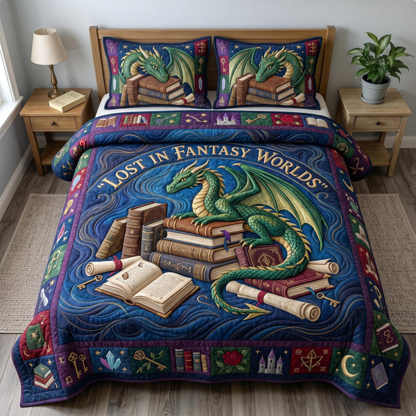 Bookworm Dragon quilted 3-piece bedding set on a made bed with two matching pillow shams