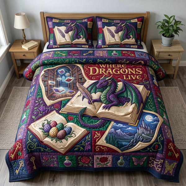 Bookworm Dragon quilted 3-piece bedding set on a made bed with two matching pillow shams