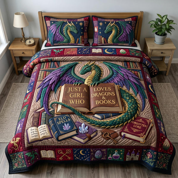 Bookworm Dragon quilted 3-piece bedding set on a made bed with two matching pillow shams