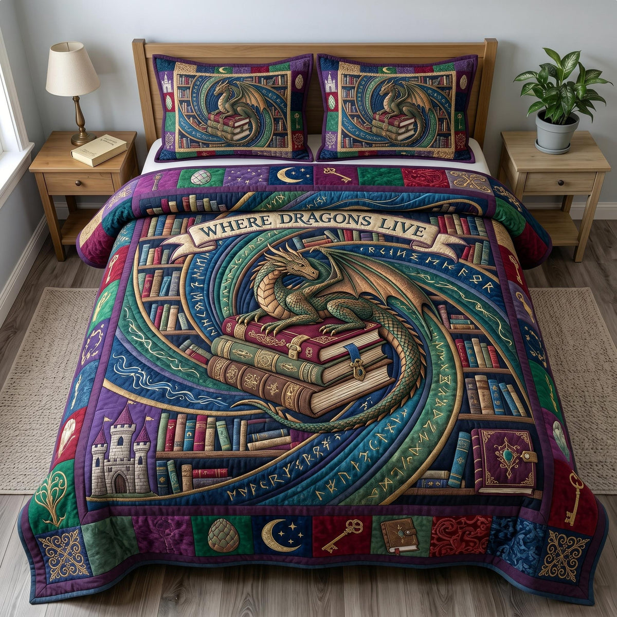 Bookworm Dragon 3-Piece Quilted Bedding Set - Design 12 — quilt and two matching pillow shams