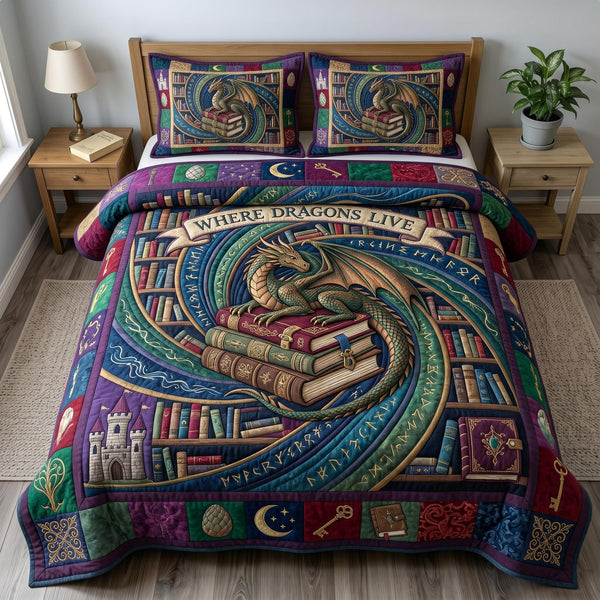 Bookworm Dragon quilted 3-piece bedding set on a made bed with two matching pillow shams