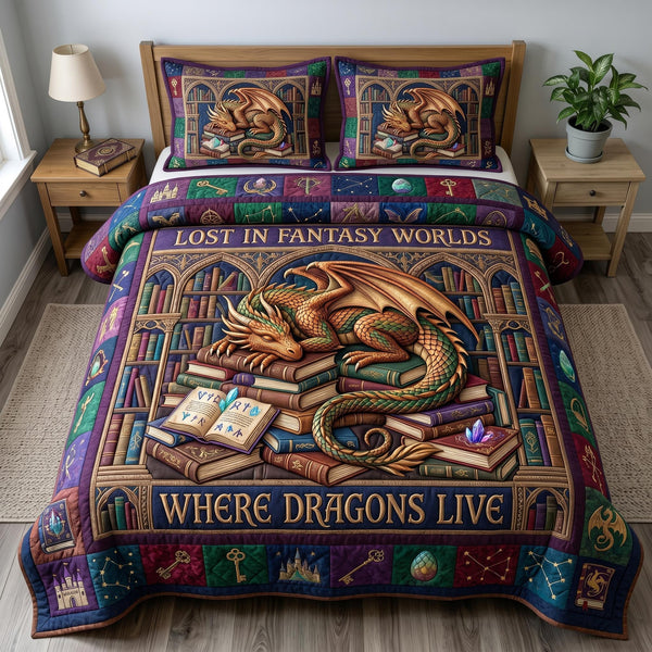 Bookworm Dragon quilted 3-piece bedding set on a made bed with two matching pillow shams