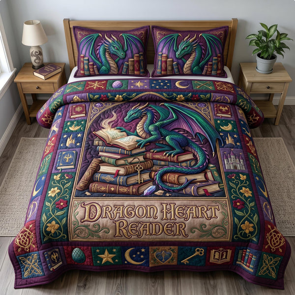 Bookworm Dragon quilted 3-piece bedding set on a made bed with two matching pillow shams