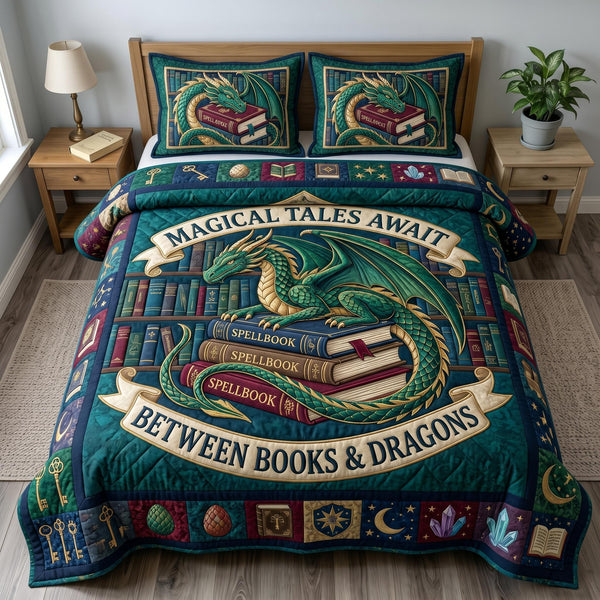 Bookworm Dragon quilted 3-piece bedding set on a made bed with two matching pillow shams