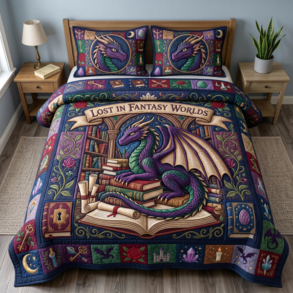 Bookworm Dragon quilted 3-piece bedding set on a made bed with two matching pillow shams