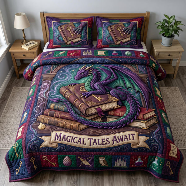 Bookworm Dragon quilted 3-piece bedding set on a made bed with two matching pillow shams