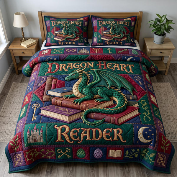 Bookworm Dragon quilted 3-piece bedding set on a made bed with two matching pillow shams