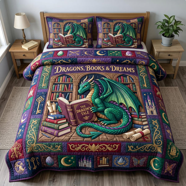 Bookworm Dragon quilted 3-piece bedding set on a made bed with two matching pillow shams