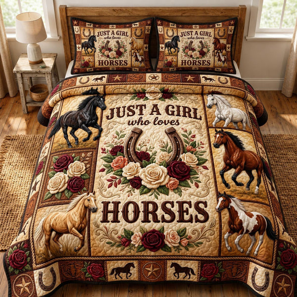 Farmhouse Horse 3-Piece Quilted Bedding Set - Design 1 — quilt and two matching pillow shams