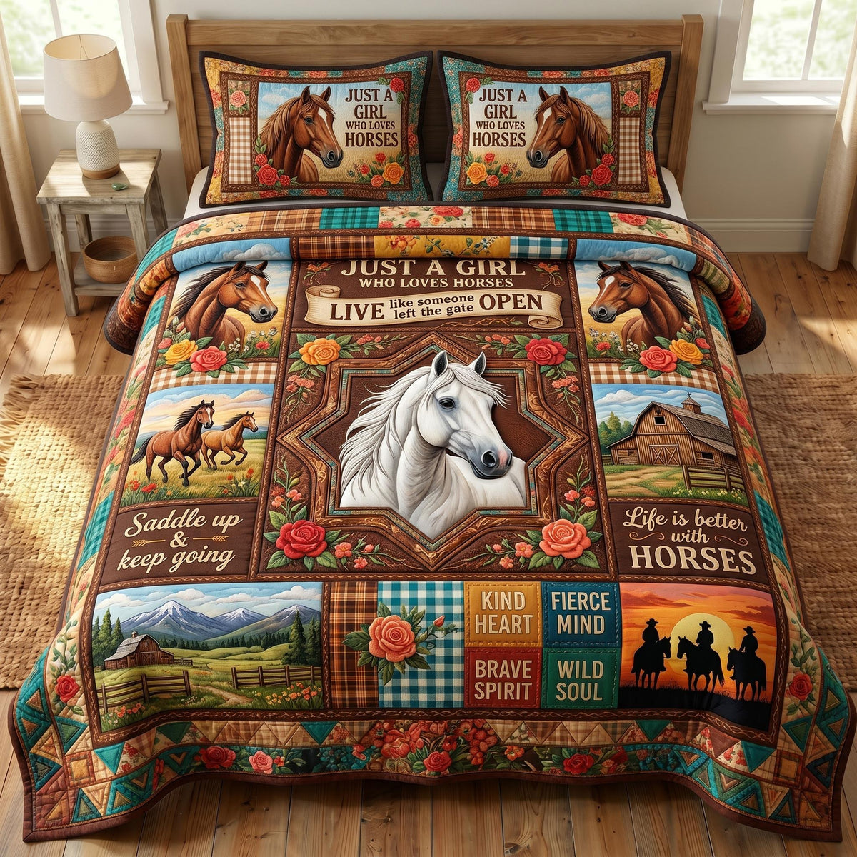 Farmhouse Horse 3-Piece Quilted Bedding Set - Design 3 — quilt and two matching pillow shams