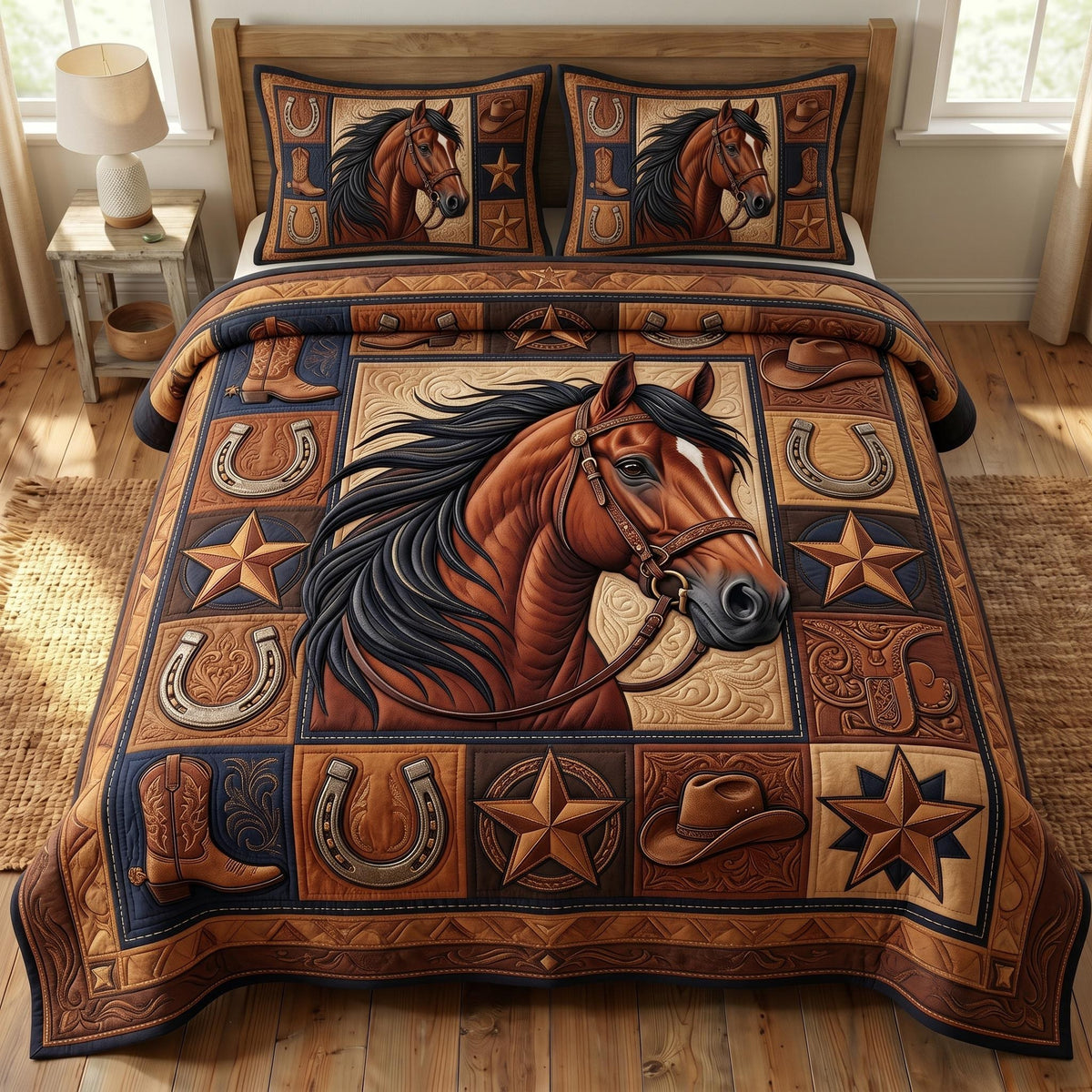 Farmhouse Horse 3-Piece Quilted Bedding Set - Design 5 — quilt and two matching pillow shams