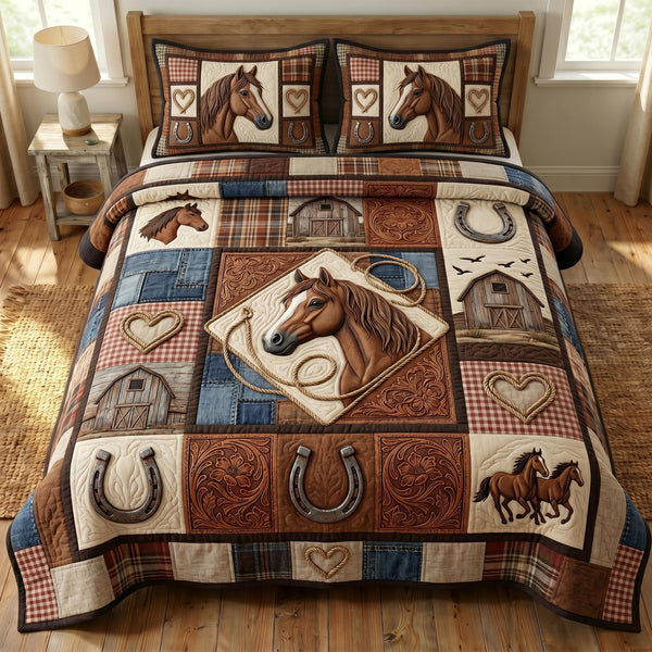 Farmhouse Horse 3-Piece Quilted Bedding Set - Design 9 — quilt and two matching pillow shams