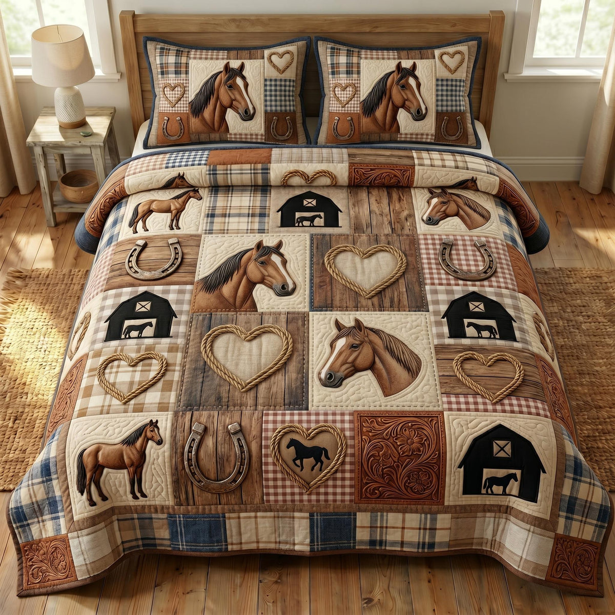 Farmhouse Horse 3-Piece Quilted Bedding Set - Design 10 — quilt and two matching pillow shams