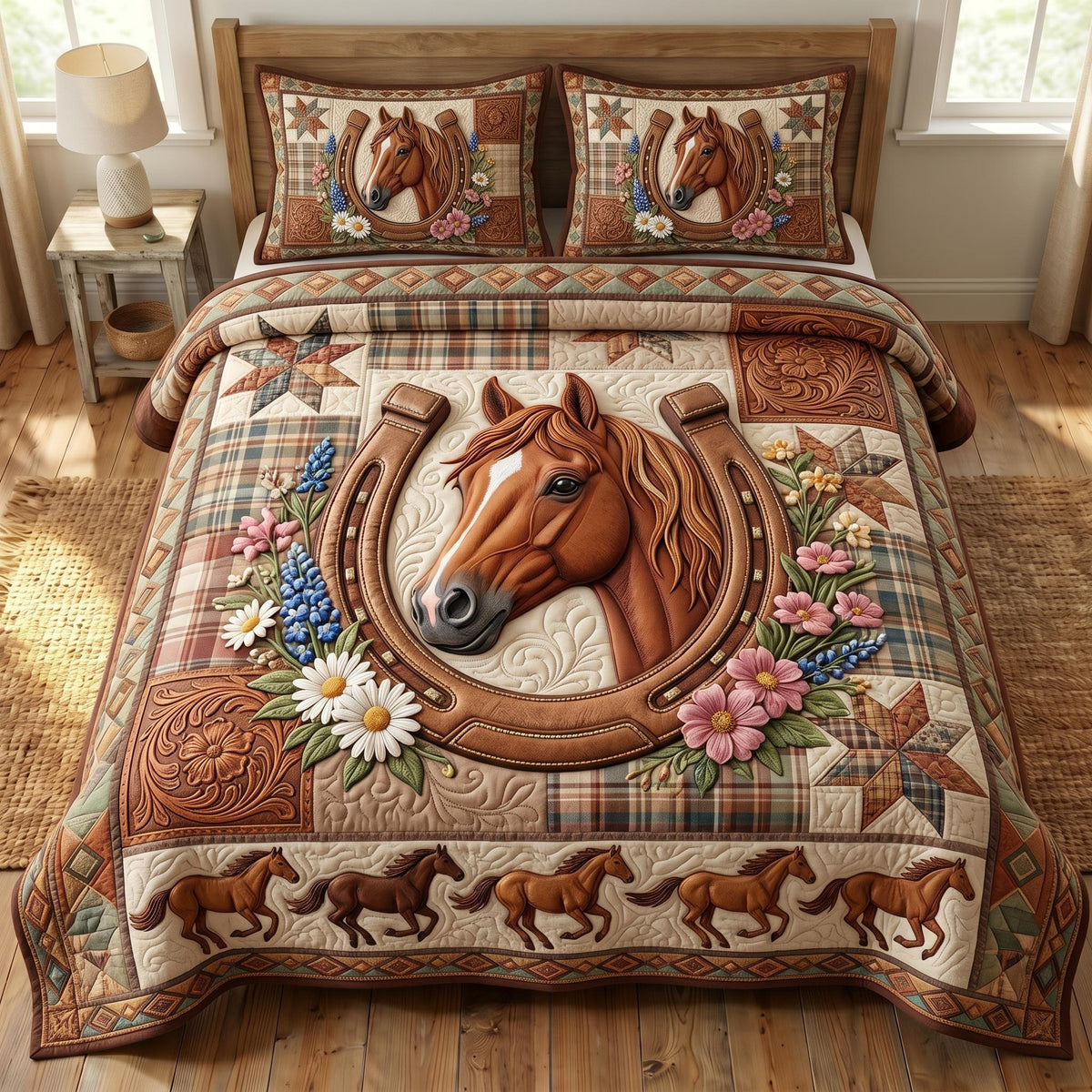 Farmhouse Horse 3-Piece Quilted Bedding Set - Design 13 — quilt and two matching pillow shams