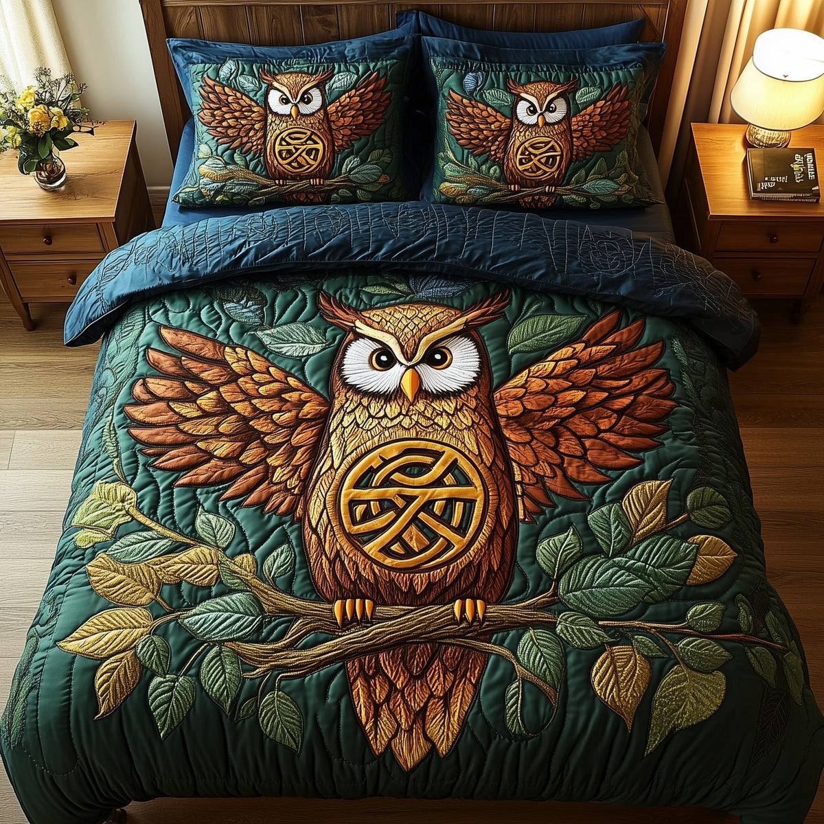 Celtic Owl 3-Piece Quilted Bedding Set — quilt and two matching pillow shams
