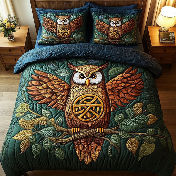 Celtic Owl quilted 3-piece bedding set on a made bed with two matching pillow shams