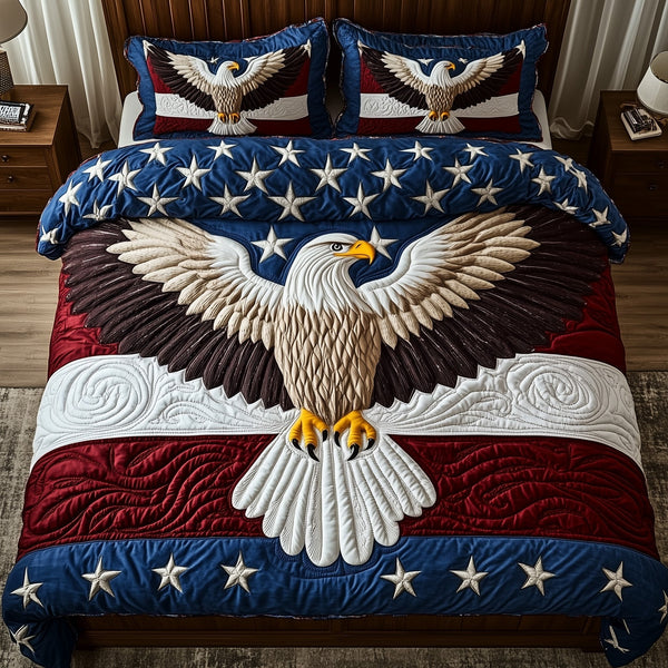 American Eagle quilted 3-piece bedding set on a made bed in a warmly lit bedroom