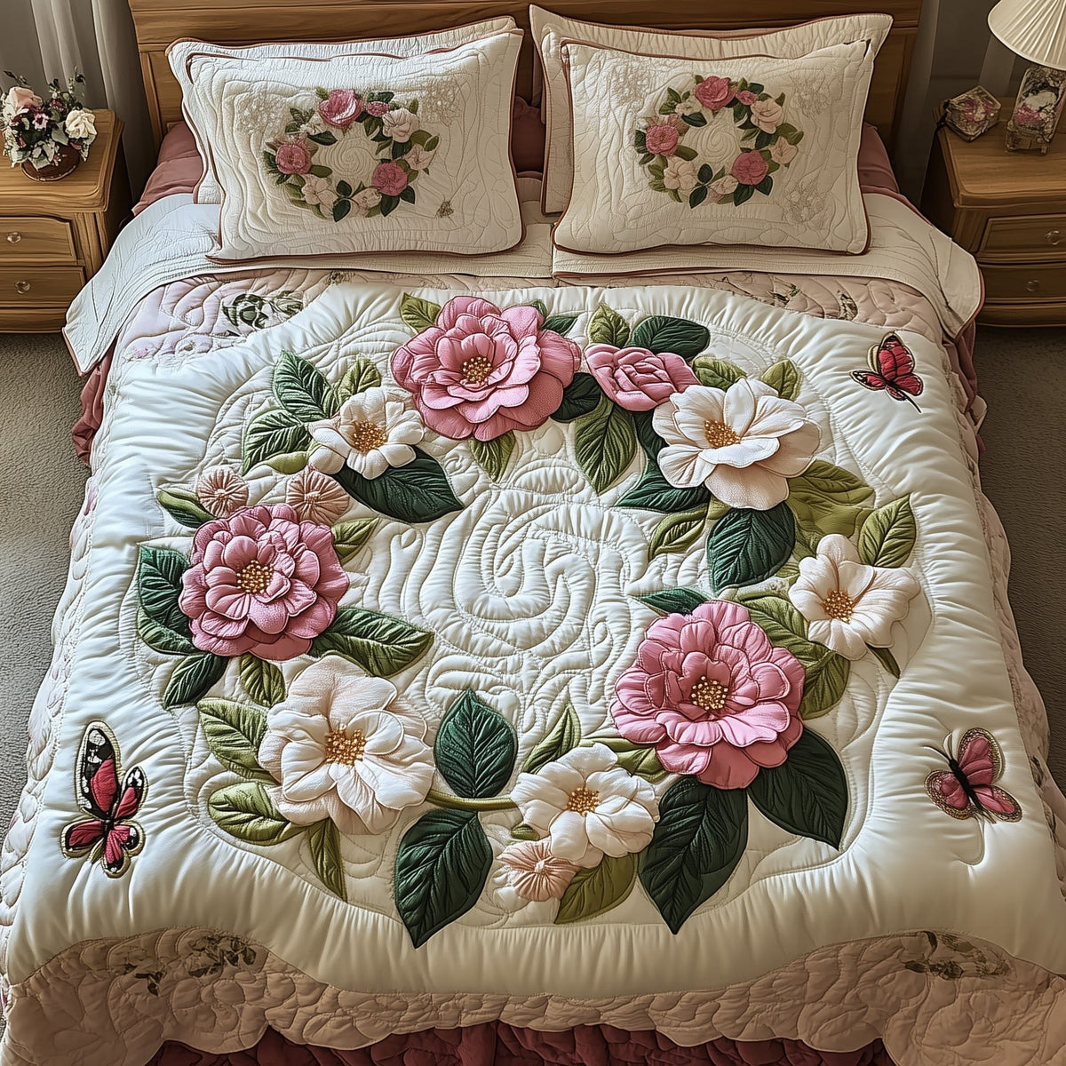 Camellia 3-Piece Quilted Bedding Set - Design 2 — quilt and two matching pillow shams