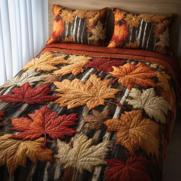 Fall Leaves 3-Piece Quilted Bedding Set - Design 1 — quilt and two matching pillow shams