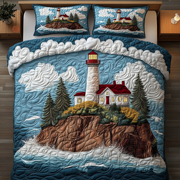 Cliffside Lighthouse quilted 3-piece bedding set on a made bed in a light coastal bedroom