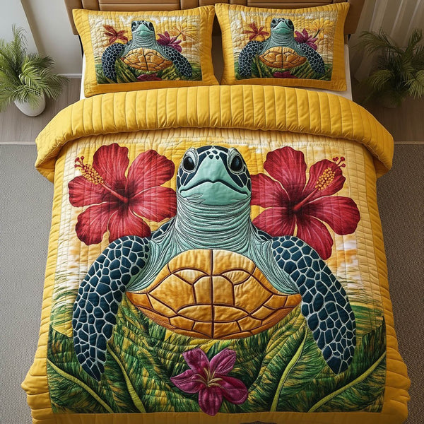 Charming Turtle quilted 3-piece bedding set on a made bed in a light coastal bedroom