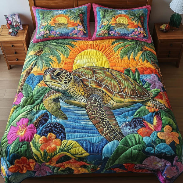 Charming Turtle quilted 3-piece bedding set on a made bed in a light coastal bedroom