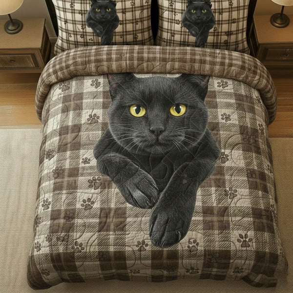 Charming Cat quilted 3-piece bedding set on a made bed with two matching pillow shams